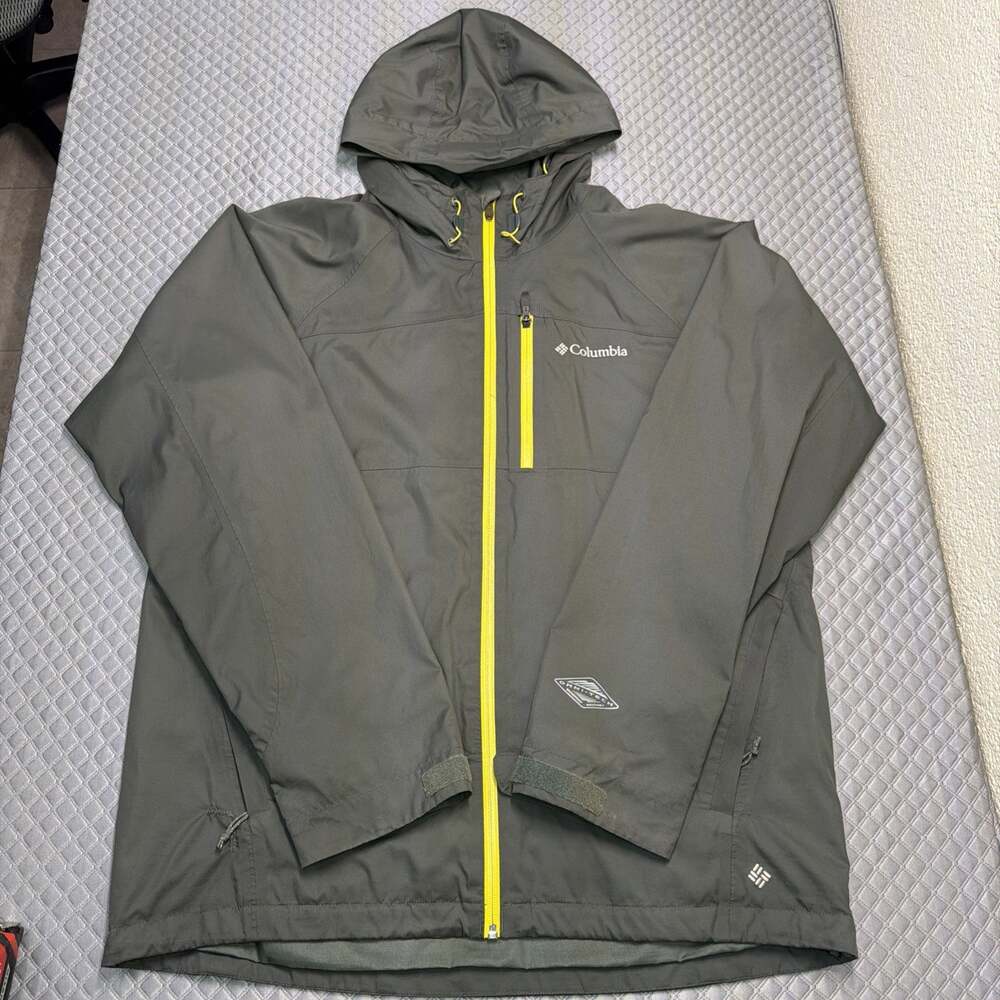 Columbia Interchange Omni-Tech Hooded Shell Jacket Large Gray Green Yellow Zip